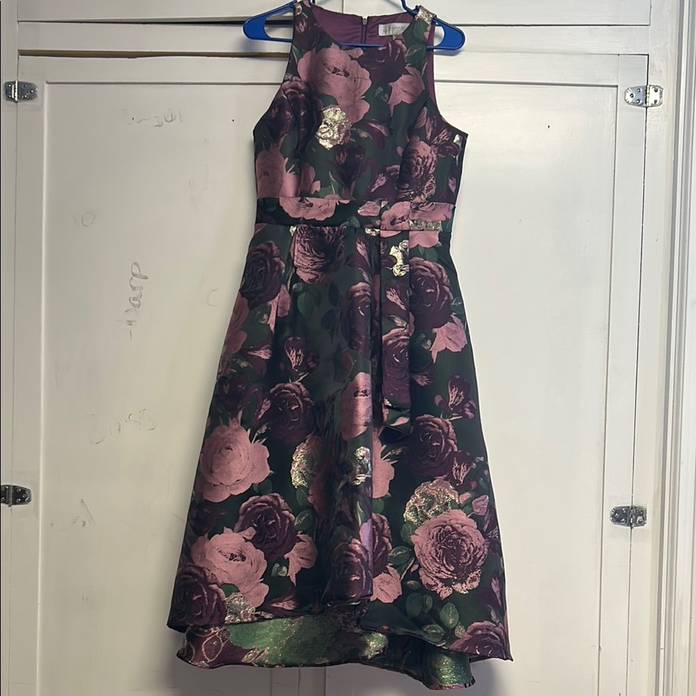 Tahari ASL Green and Purple Pleated Halter Dress